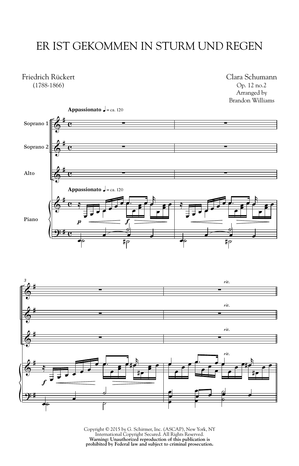 Clara Schumann Er Ist Gekommen In Sturm Und Regen (arr. Brandon Williams) sheet music notes and chords. Download Printable PDF.