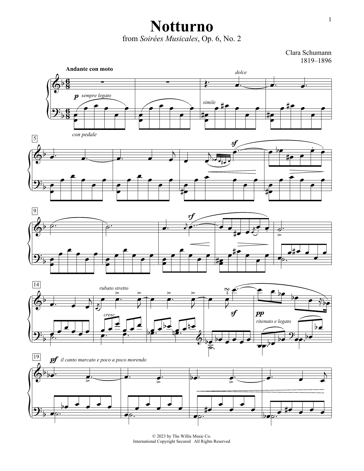 Clara Schumann Notturno sheet music notes and chords. Download Printable PDF.