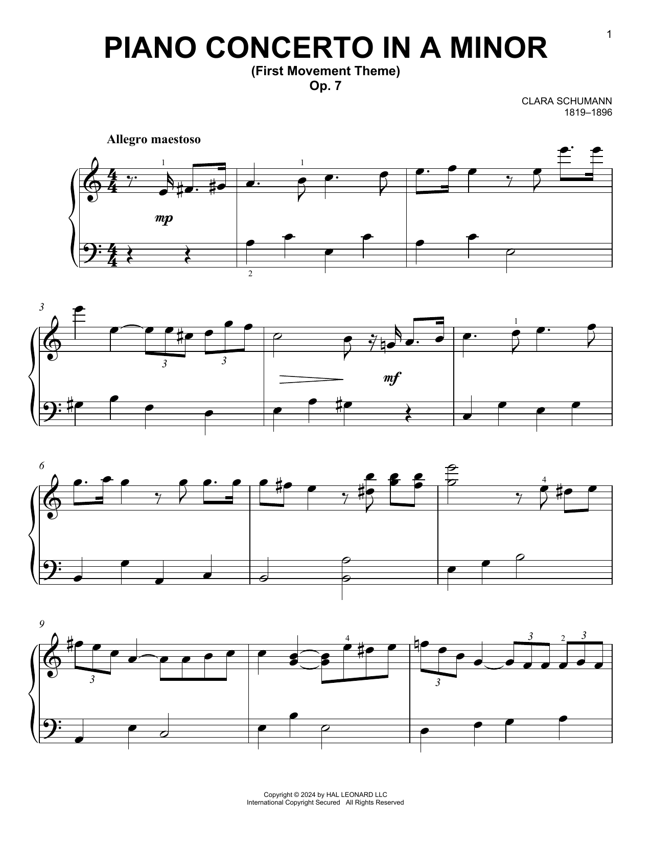 Clara Schumann Piano Concerto In A Minor, Op. 7, First Movement sheet music notes and chords. Download Printable PDF.