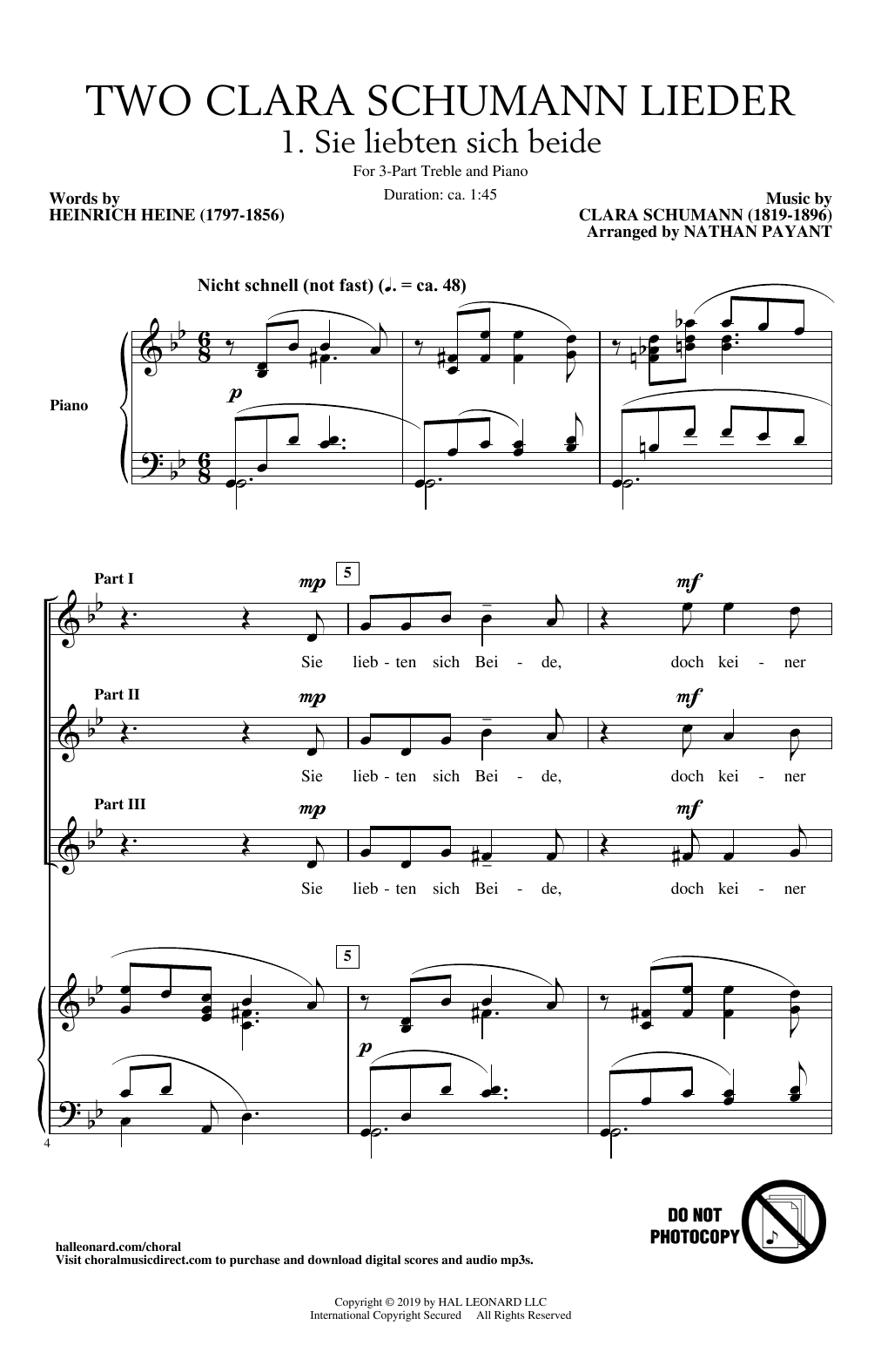 Learn to play Clara Schumann Two Clara Schumann Lieder (arr. Nathan Payant) sheet music for SSA Choir in minutes. Price: 3.9900$ Clara Schumann Two Clara Schumann Lieder (arr. Nathan Payant) sheet music notes and chords arranged for SSA Choir