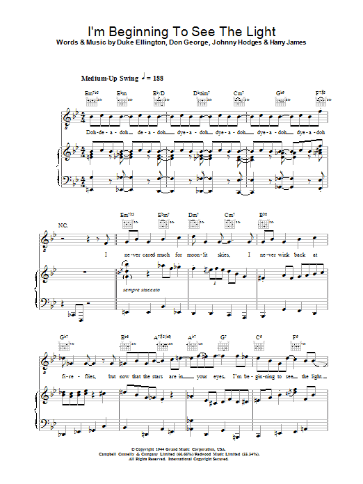 Learn to play Duke Ellington I'm Beginning To See The Light sheet music for Piano, Vocal & Guitar Chords in minutes. Price: 7.8900$ Duke Ellington I'm Beginning To See The Light sheet music notes and chords arranged for Piano, Vocal & Guitar Chords