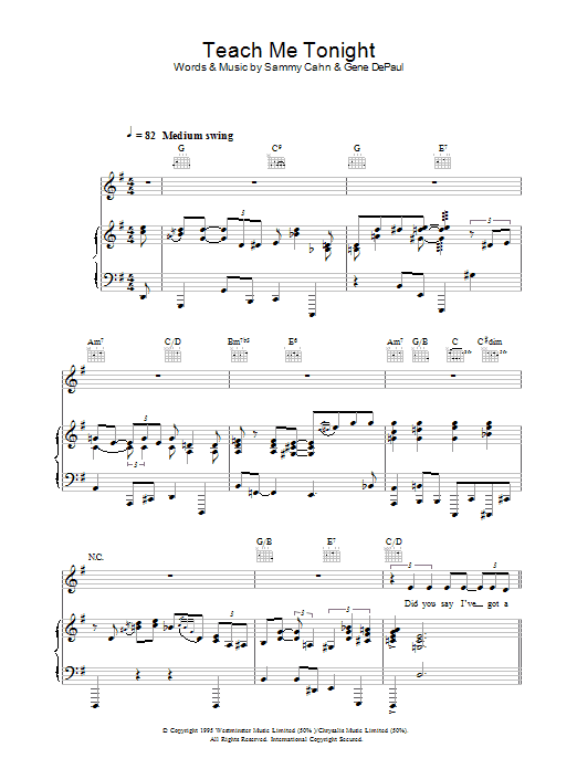 Learn to play Clare Teal Teach Me Tonight sheet music for Piano, Vocal & Guitar Chords in minutes. Price: 7.8900$ Clare Teal Teach Me Tonight sheet music notes and chords arranged for Piano, Vocal & Guitar Chords
