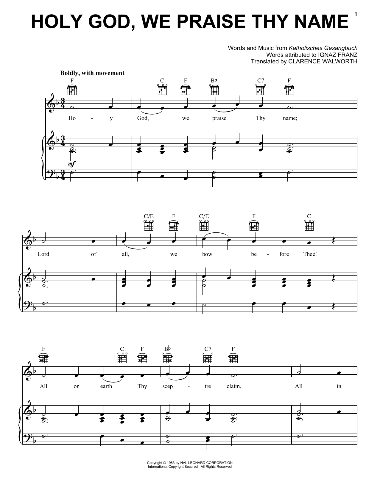 Clarence Walworth Holy God, We Praise Thy Name sheet music notes and chords. Download Printable PDF.