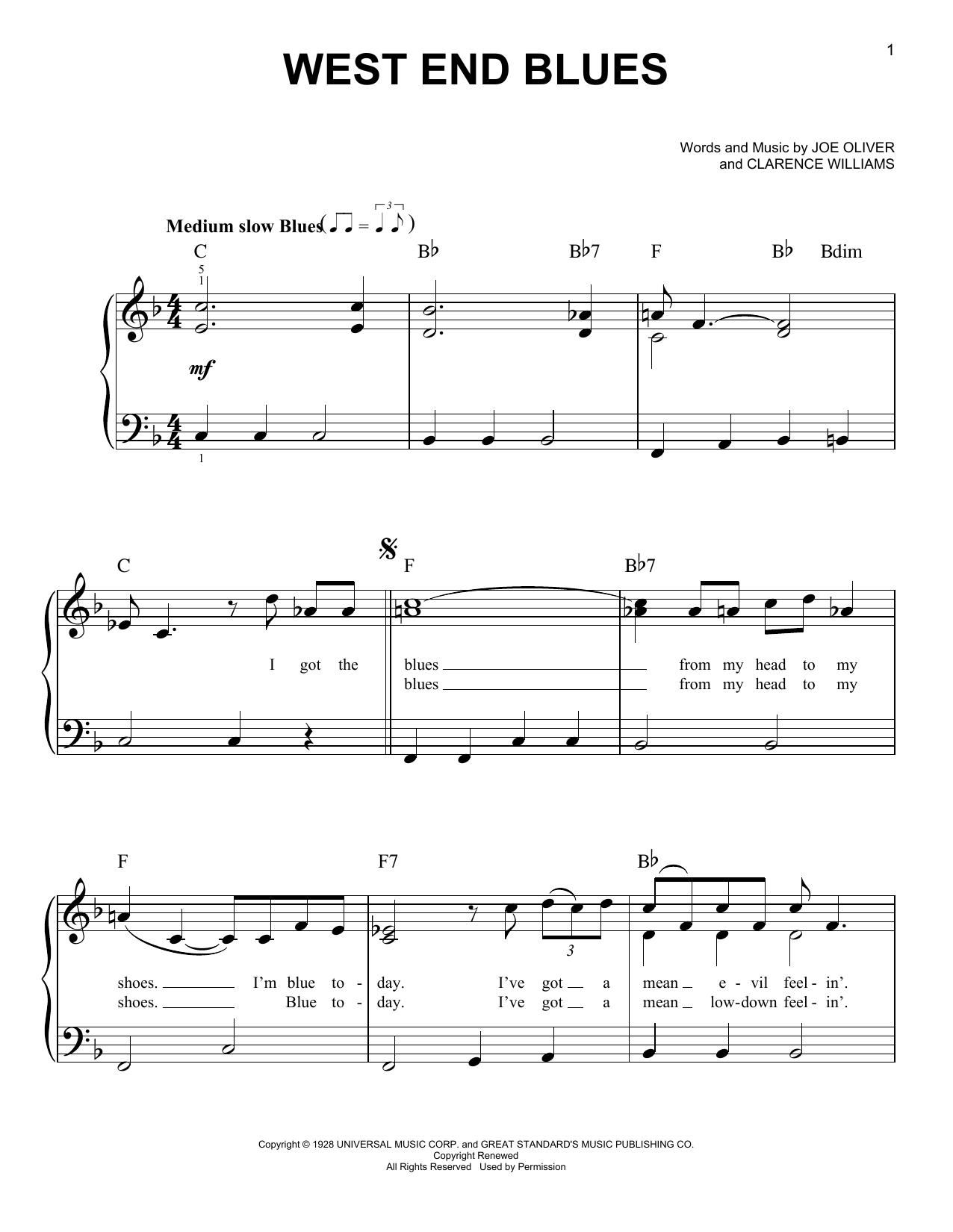 Clarence Williams West End Blues sheet music notes and chords. Download Printable PDF.