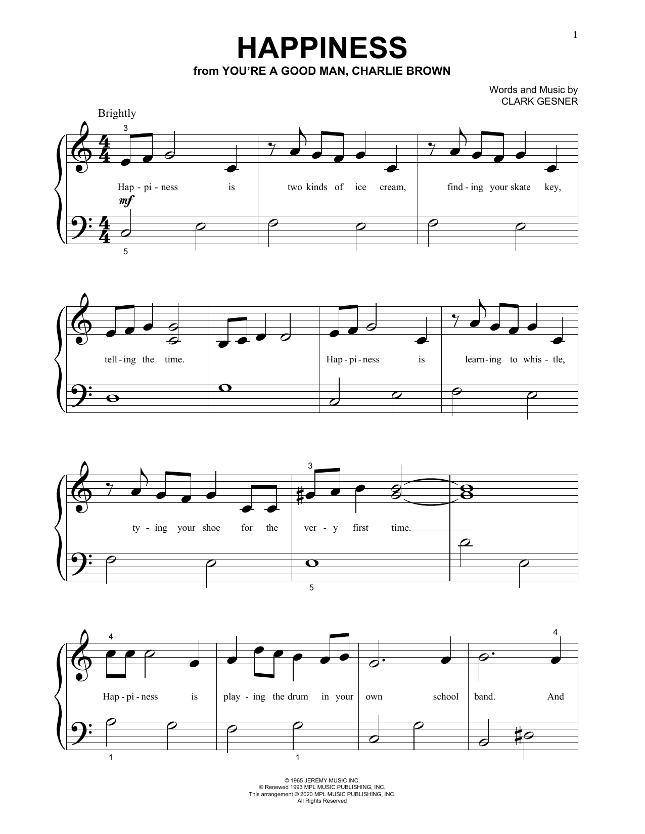 Clark Gesner Happiness (from You're A Good Man, Charlie Brown) sheet music notes and chords arranged for Beginning Piano Solo