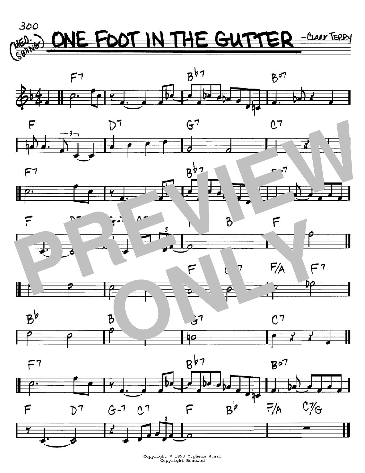 Learn to play Clark Terry One Foot In The Gutter sheet music for Real Book – Melody & Chords – C Instruments in minutes. Price: 5.9900$ Clark Terry One Foot In The Gutter sheet music notes and chords arranged for Real Book – Melody & Chords – C Instruments