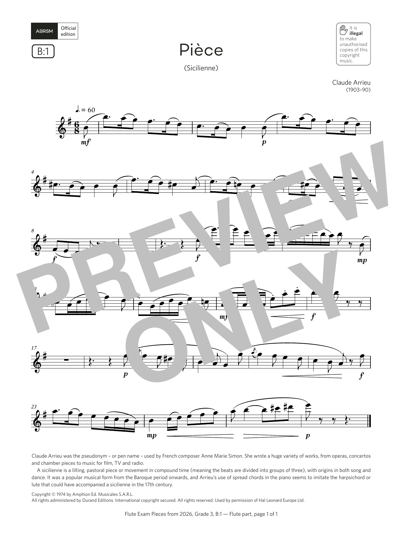 Claude Arrieu Pièce (Grade 3, list B1, from the ABRSM Flute Syllabus from 2026) sheet music notes and chords arranged for Flute Solo