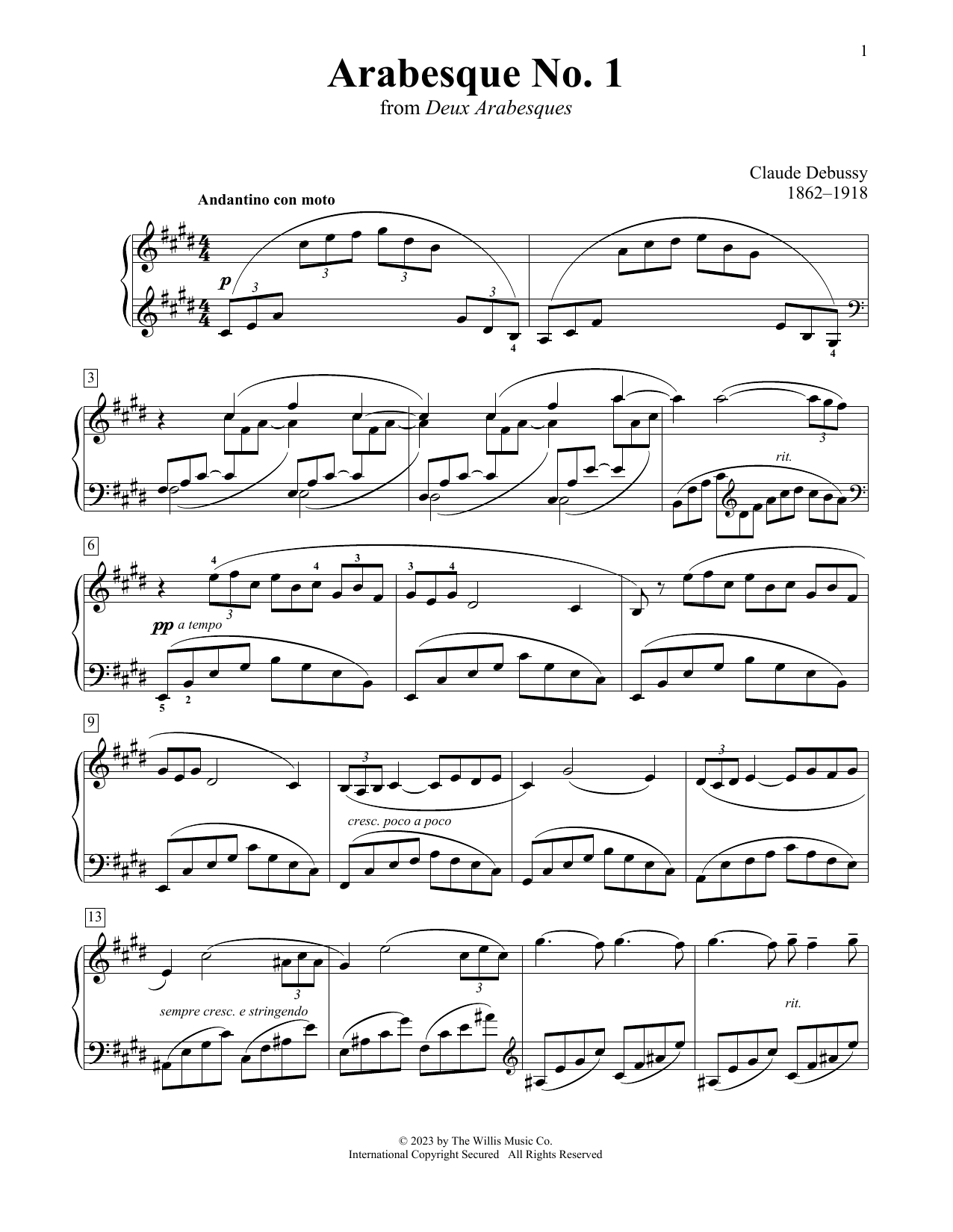 Claude Debussy Arabesque No. 1 sheet music notes and chords. Download Printable PDF.