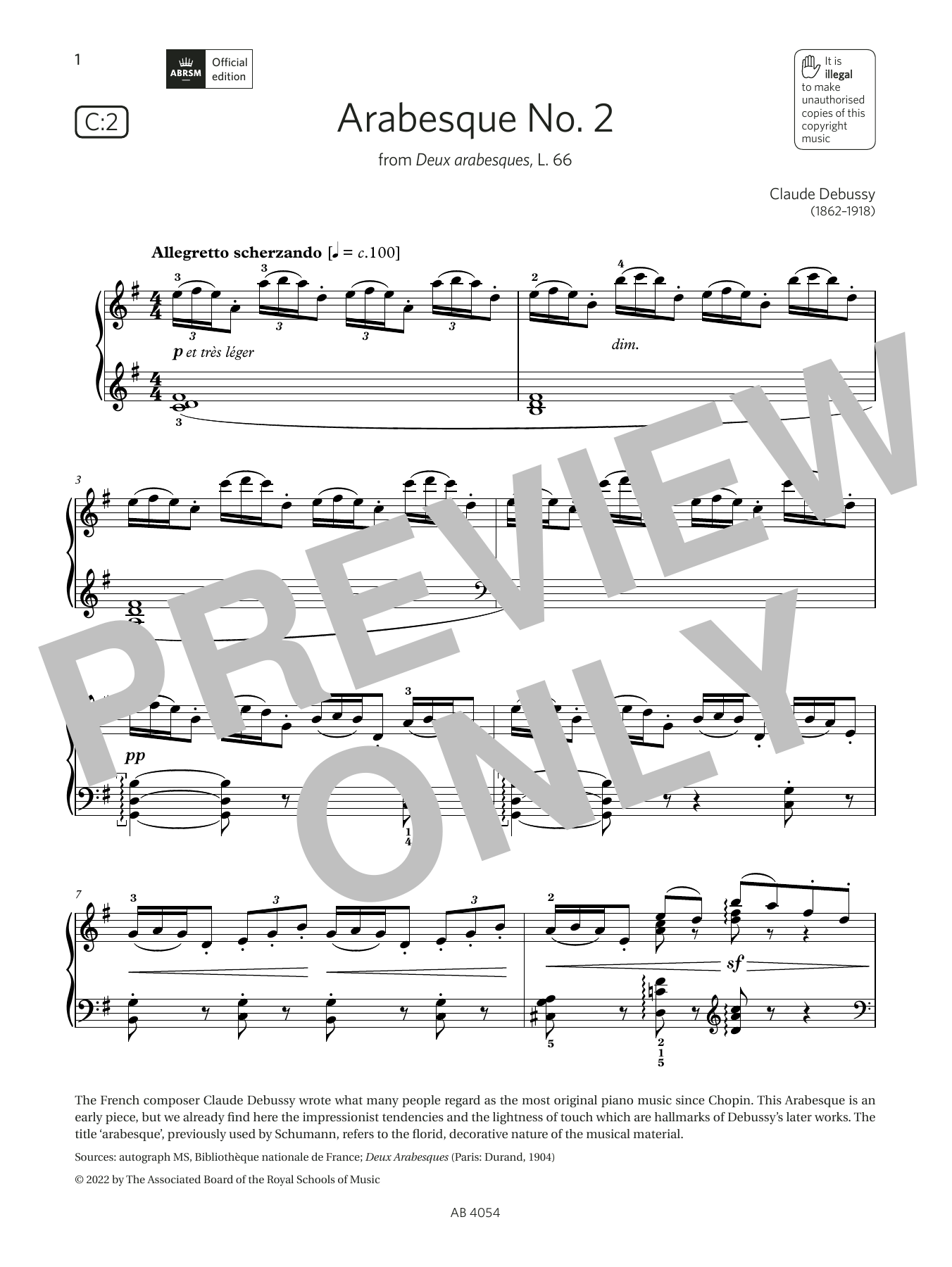 Claude Debussy Arabesque No. 2 (Grade 8, list C2, from the ABRSM Piano Syllabus 2023 & 2024) sheet music notes and chords. Download Printable PDF.