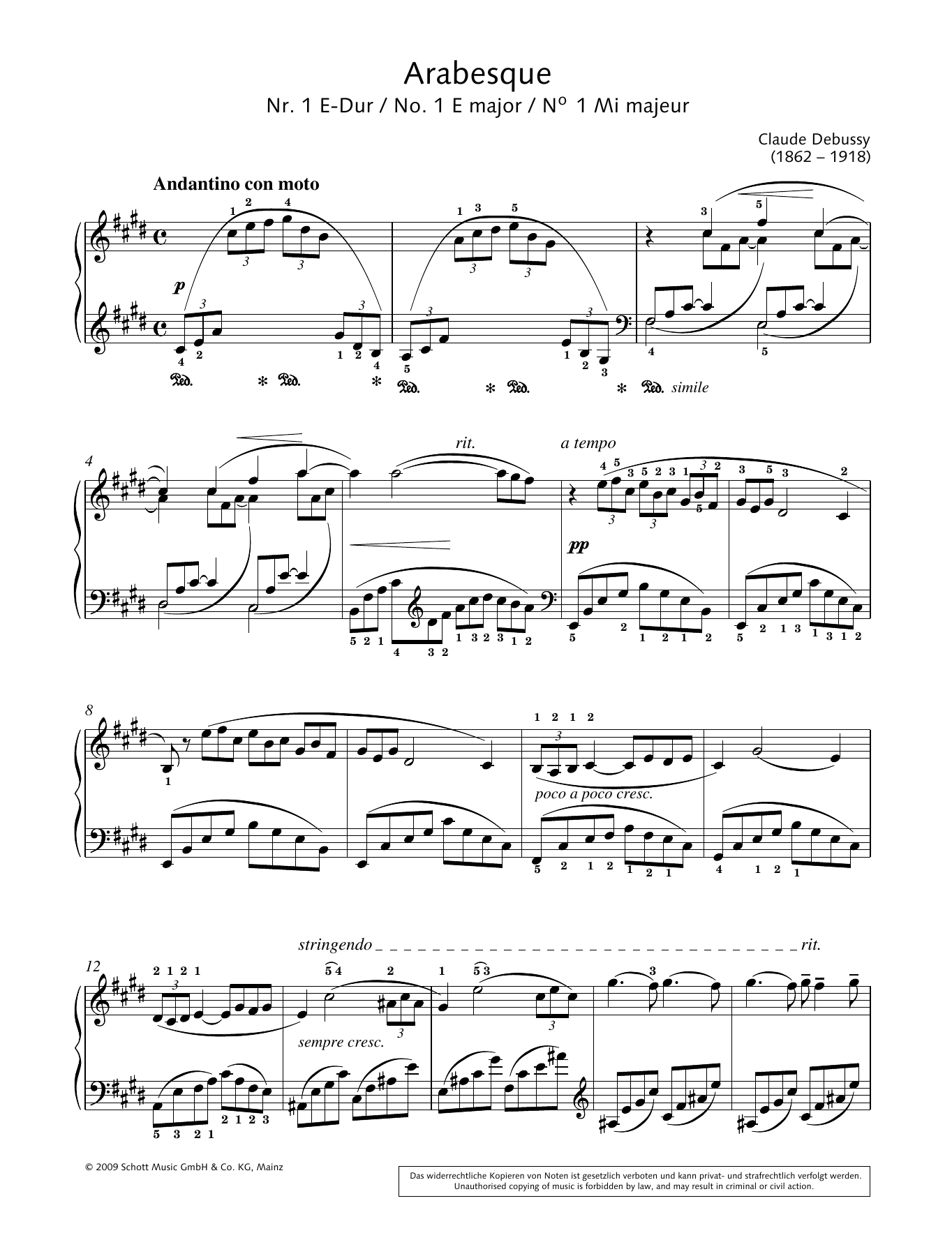 Claude Debussy Arabesque No.1 in E major sheet music notes and chords. Download Printable PDF.