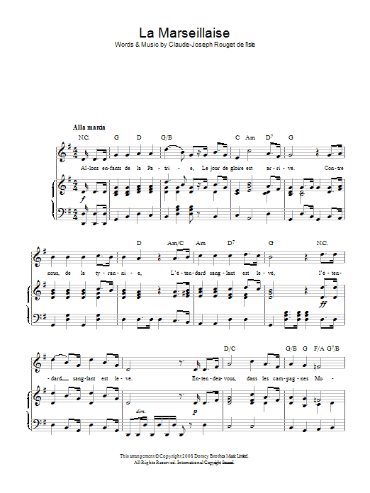 Claude Rouget de Lisle La Marseillaise (French National Anthem) sheet music notes and chords. Download Printable PDF.