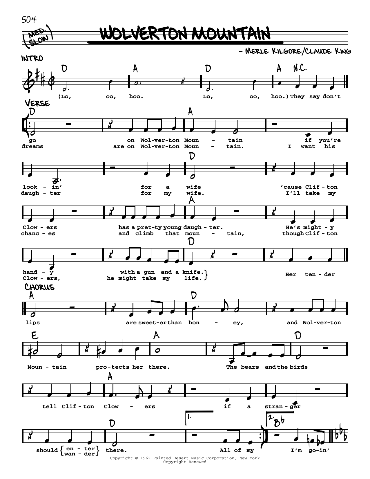Learn to play Claude King Wolverton Mountain sheet music for Real Book – Melody, Lyrics & Chords in minutes. Price: 5.9900$ Claude King Wolverton Mountain sheet music notes and chords arranged for Real Book – Melody, Lyrics & Chords