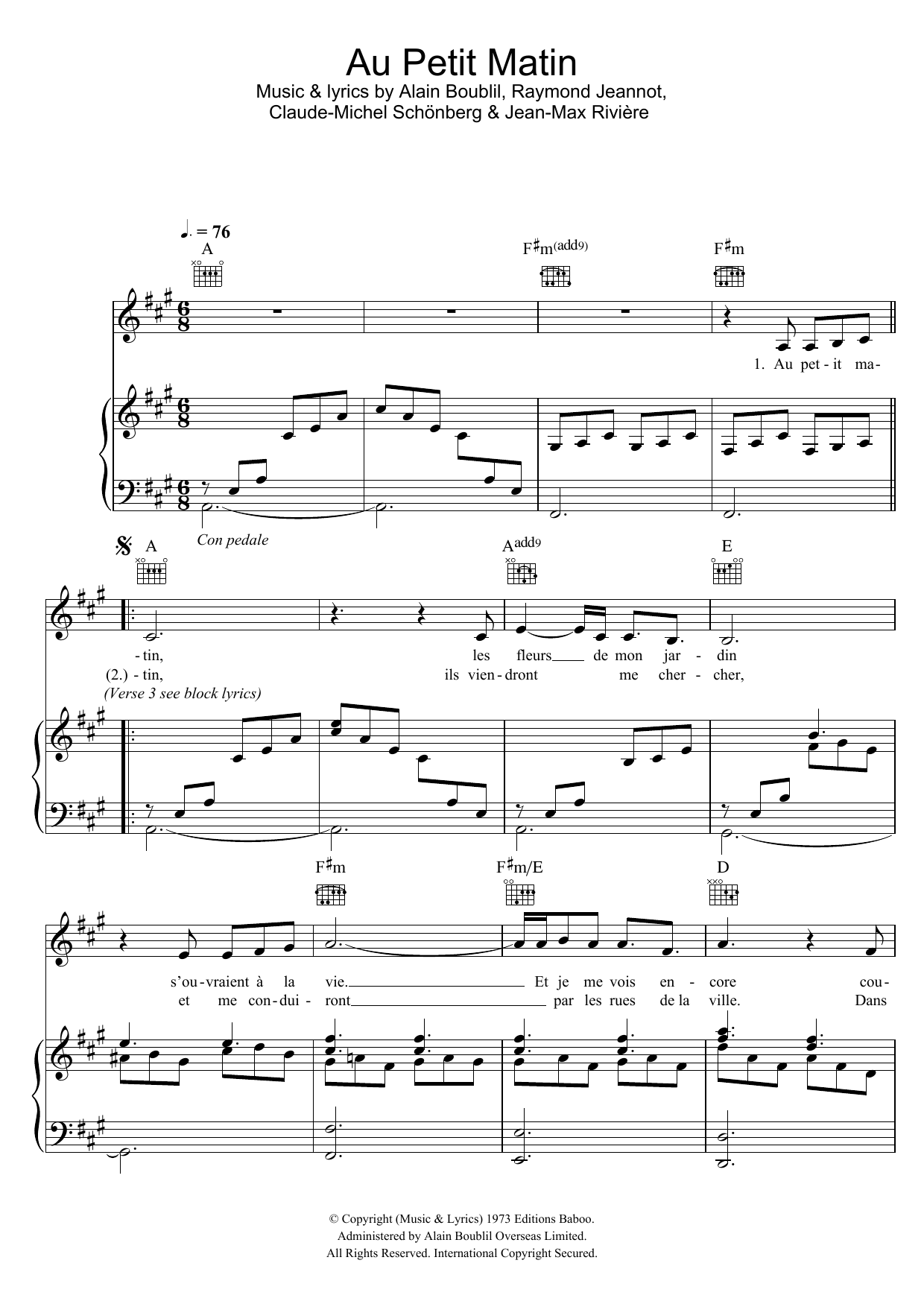 Boublil and Schonberg Au Petit Matin sheet music notes and chords arranged for Piano, Vocal & Guitar Chords