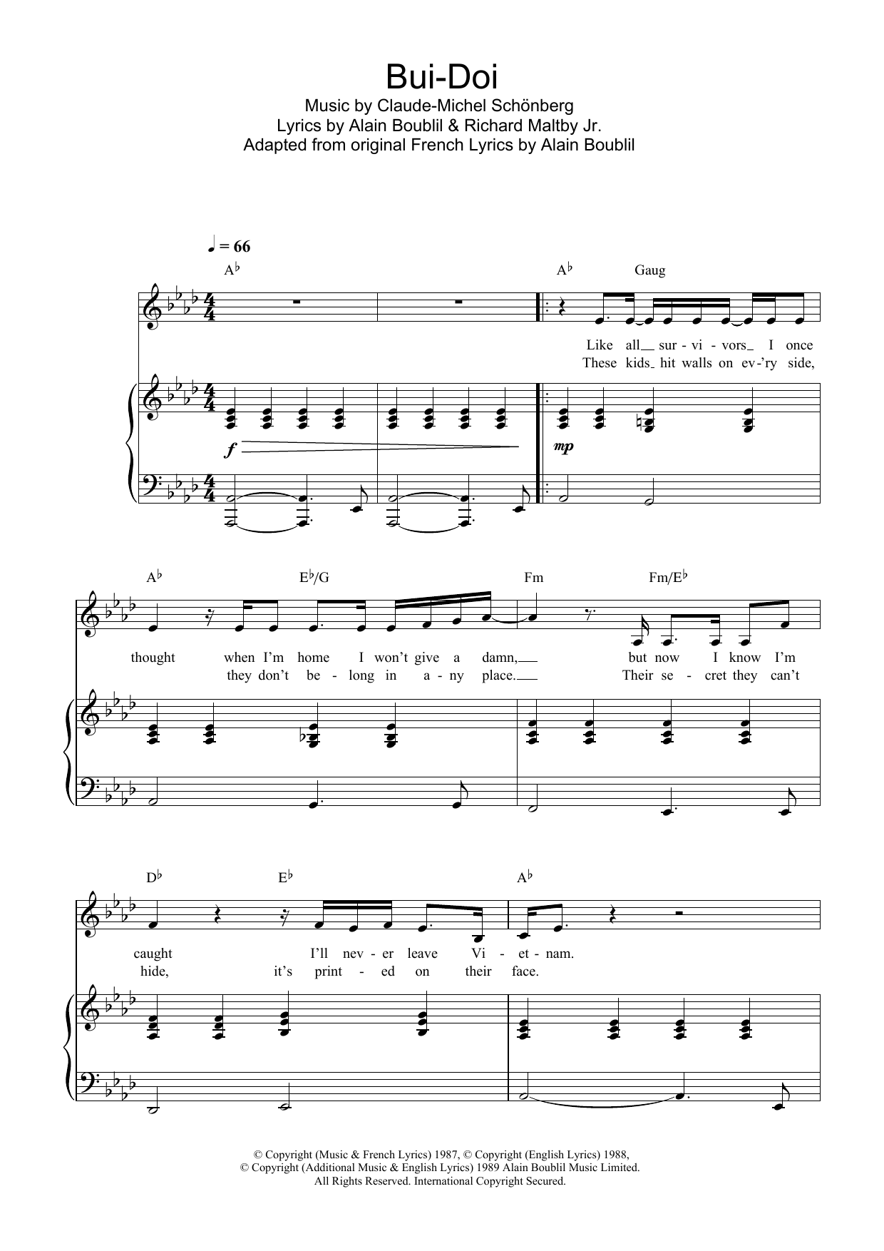 Learn to play Claude-Michel Schonberg Bui-Doi (from Miss Saigon) sheet music for Piano, Vocal & Guitar Chords in minutes. Price: 7.8900$ Claude-Michel Schonberg Bui-Doi (from Miss Saigon) sheet music notes and chords arranged for Piano, Vocal & Guitar Chords