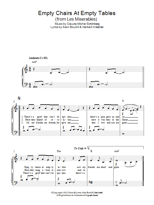 Claude-Michel Schonberg Empty Chairs At Empty Tables (from Les Miserables) sheet music notes and chords. Download Printable PDF.