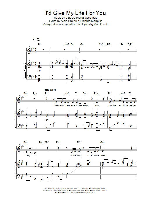 Learn to play Claude-Michel Schonberg I'd Give My Life For You (from Miss Saigon) sheet music for Piano, Vocal & Guitar Chords in minutes. Price: 7.8900$ Claude-Michel Schonberg I'd Give My Life For You (from Miss Saigon) sheet music notes and chords arranged for Piano, Vocal & Guitar Chords