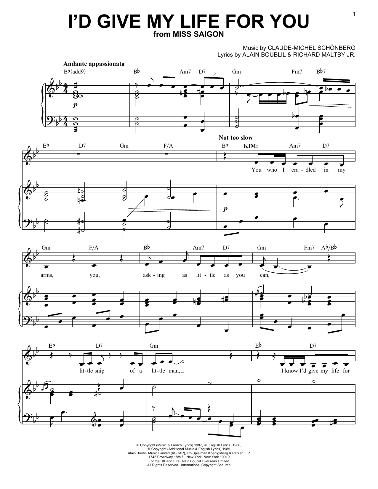 Claude-Michel Schönberg I'd Give My Life For You sheet music notes and chords. Download Printable PDF.