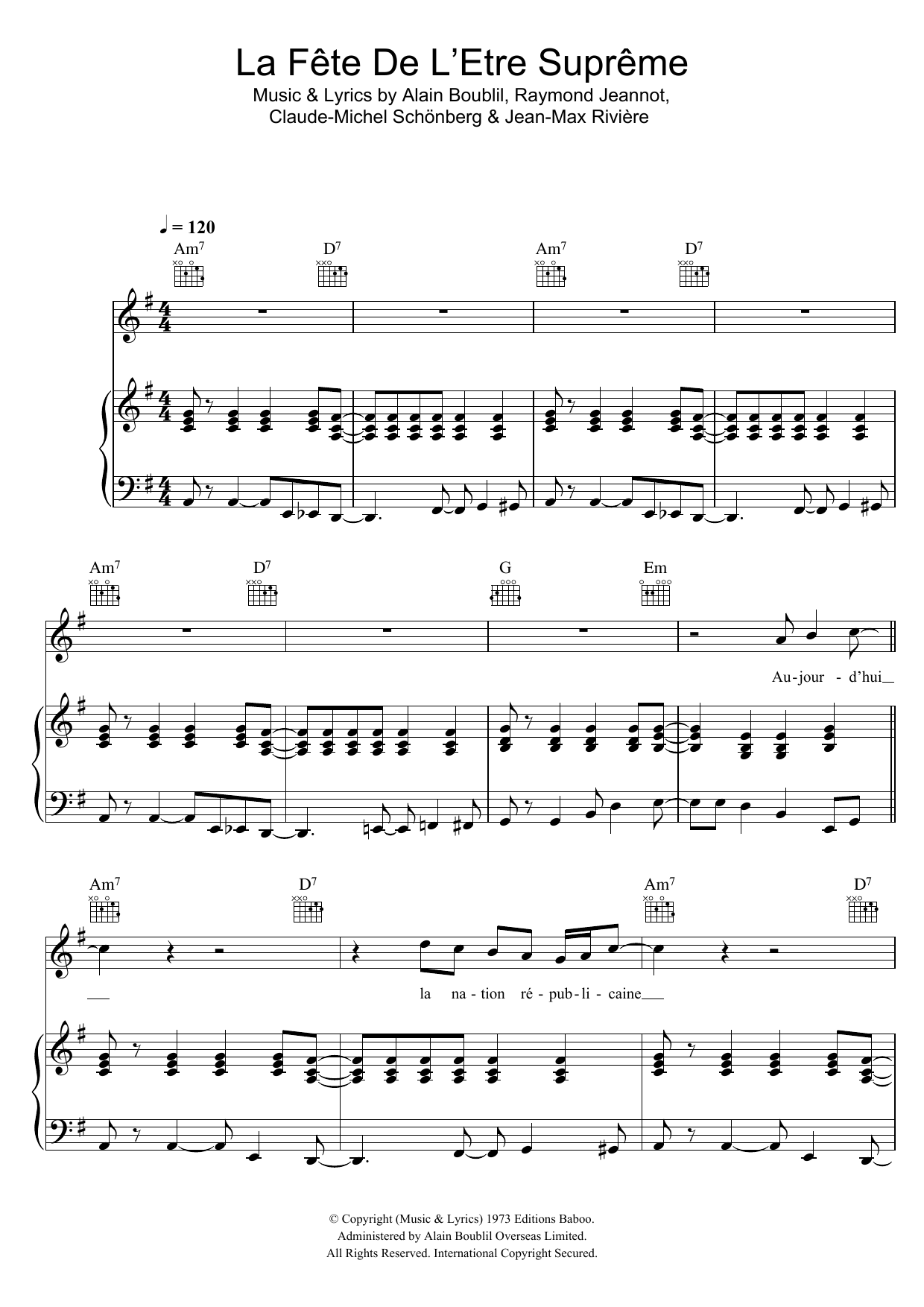 Boublil and Schonberg La Fete De L'Etre Supreme sheet music notes and chords arranged for Piano, Vocal & Guitar Chords