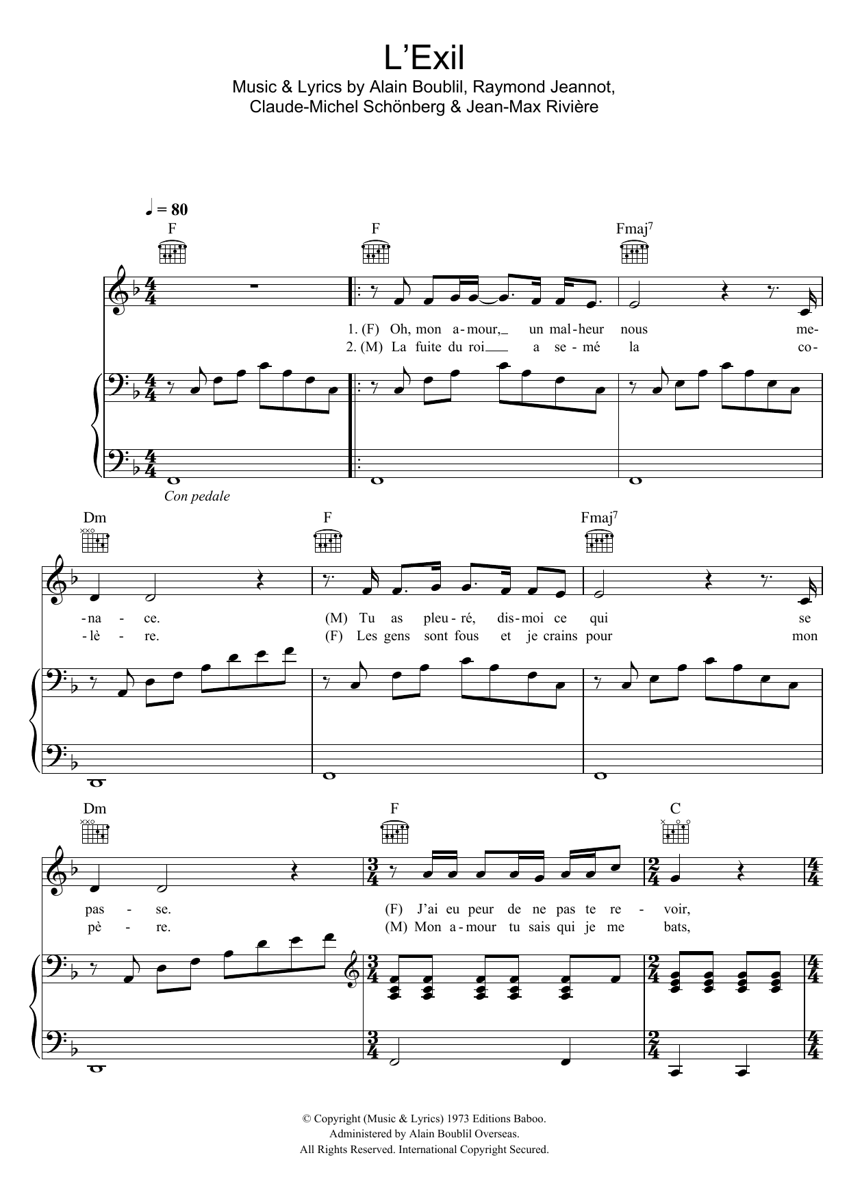 Boublil and Schonberg L'Exil sheet music notes and chords arranged for Piano, Vocal & Guitar Chords