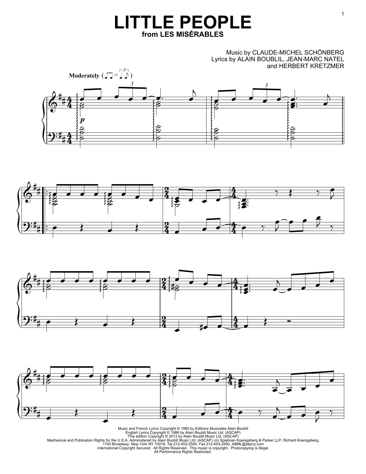 Learn to play Claude-Michel Schonberg Little People sheet music for Piano Solo in minutes. Price: 7.8900$ Claude-Michel Schonberg Little People sheet music notes and chords arranged for Piano Solo