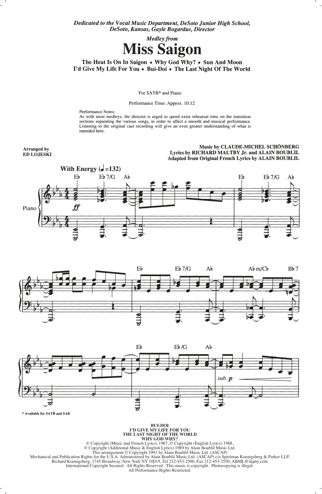 Claude-Michel Schonberg Miss Saigon (Medley) (arr. Ed Lojeski) sheet music notes and chords. Download Printable PDF.