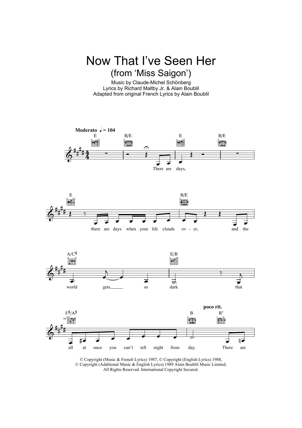 Learn to play Boublil and Schonberg Now That I've Seen Her (from Miss Saigon) sheet music for Lead Sheet / Fake Book in minutes. Price: 5.9900$ Boublil and Schonberg Now That I've Seen Her (from Miss Saigon) sheet music notes and chords arranged for Lead Sheet / Fake Book