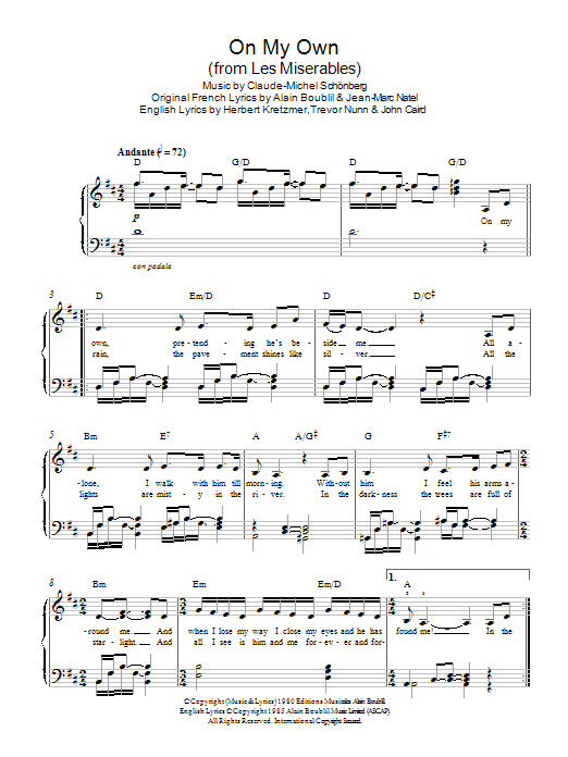 Boublil and Schonberg On My Own (from Les Miserables) sheet music notes and chords. Download Printable PDF.