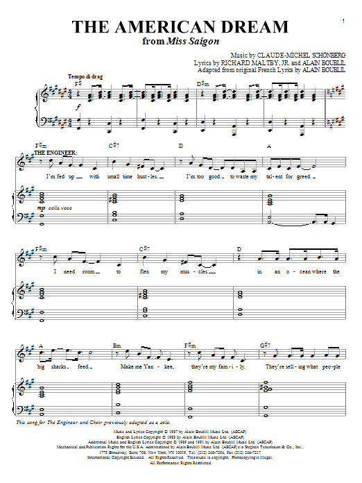 Learn to play Boublil and Schonberg The American Dream (from Miss Saigon) sheet music for Piano, Vocal & Guitar Chords in minutes. Price: 7.8900$ Boublil and Schonberg The American Dream (from Miss Saigon) sheet music notes and chords arranged for Piano, Vocal & Guitar Chords
