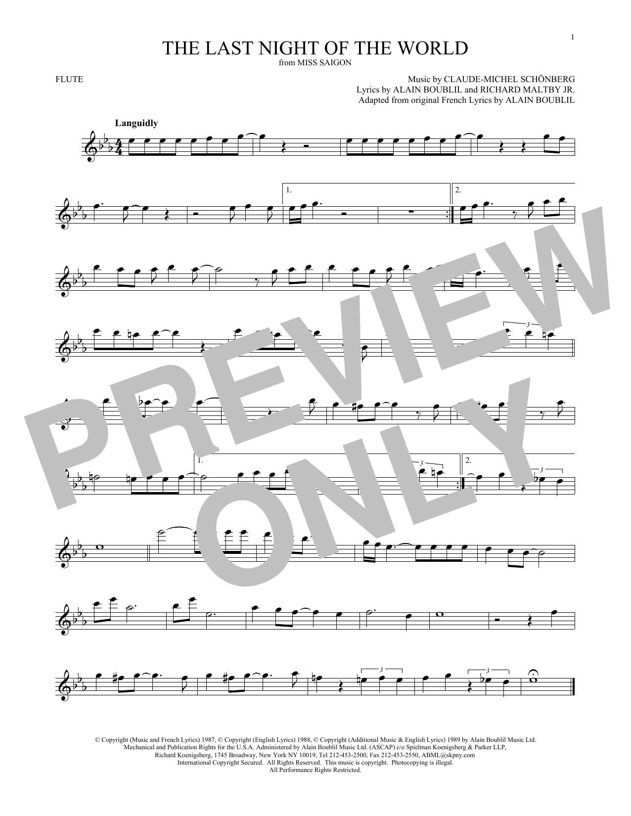 Boublil and Schonberg The Last Night Of The World (from Miss Saigon) sheet music notes and chords. Download Printable PDF.