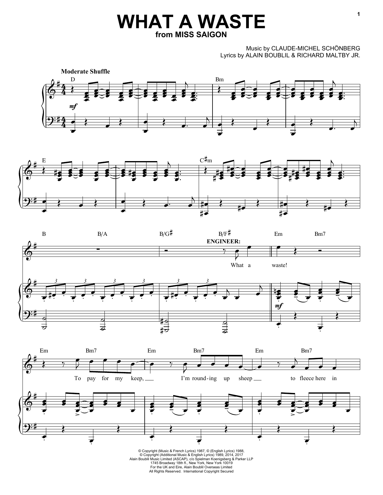 Learn to play Claude-Michel Schönberg What A Waste sheet music for Piano & Vocal in minutes. Price: 7.8900$ Claude-Michel Schönberg What A Waste sheet music notes and chords arranged for Piano & Vocal