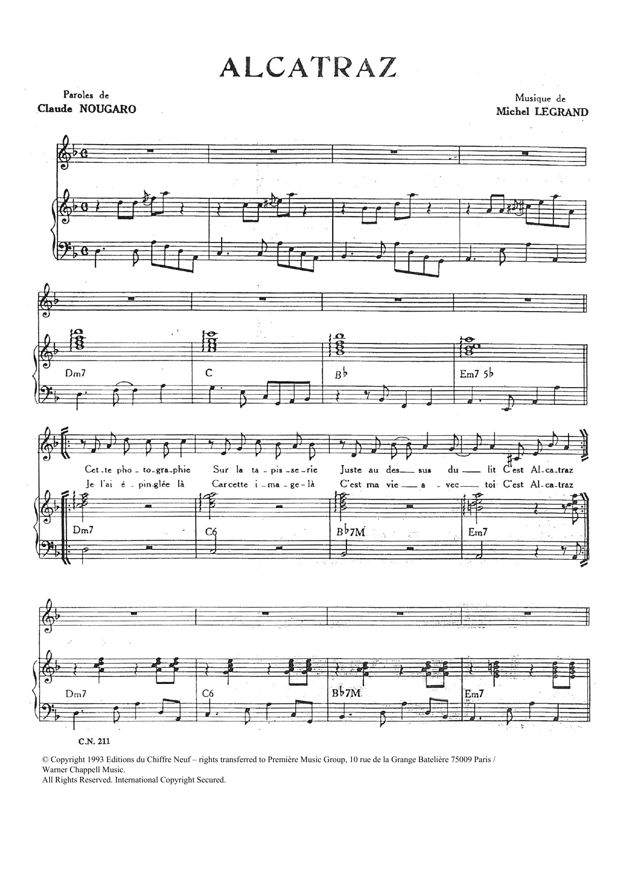 Learn to play Claude Nougaro Alcatraz sheet music for Piano & Vocal in minutes. Price: 7.8900$ Claude Nougaro Alcatraz sheet music notes and chords arranged for Piano & Vocal