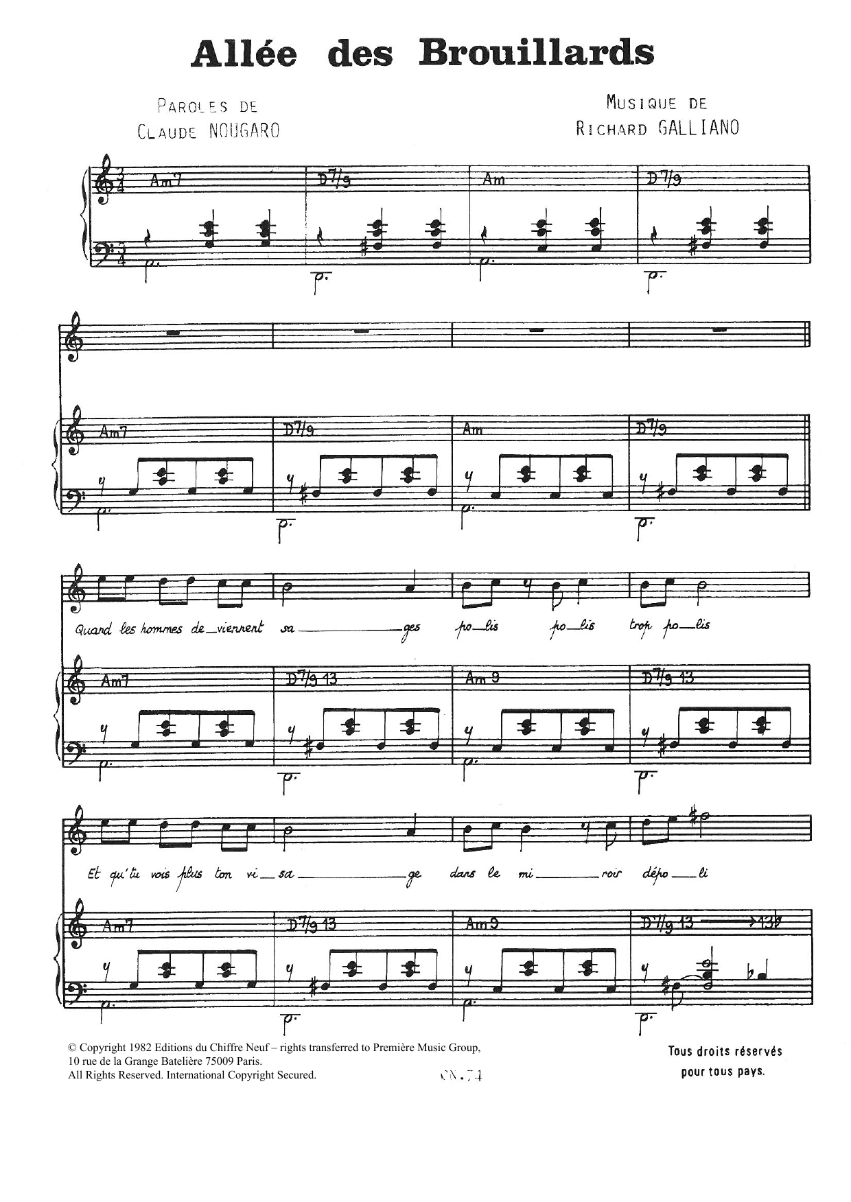 Claude Nougaro Allee Des Brouillards sheet music notes and chords. Download Printable PDF.