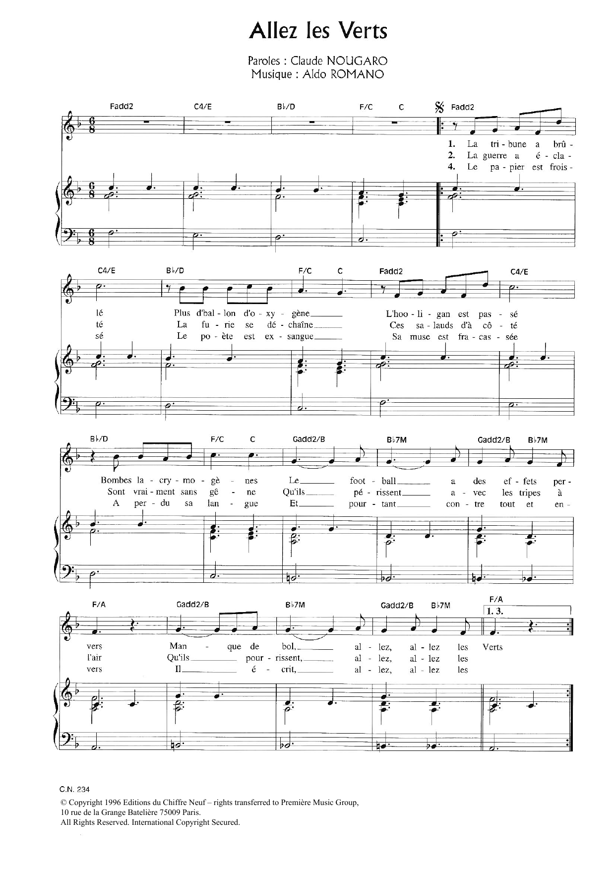 Learn to play Claude Nougaro Allez Les Verts sheet music for Piano & Vocal in minutes. Price: 7.8900$ Claude Nougaro Allez Les Verts sheet music notes and chords arranged for Piano & Vocal