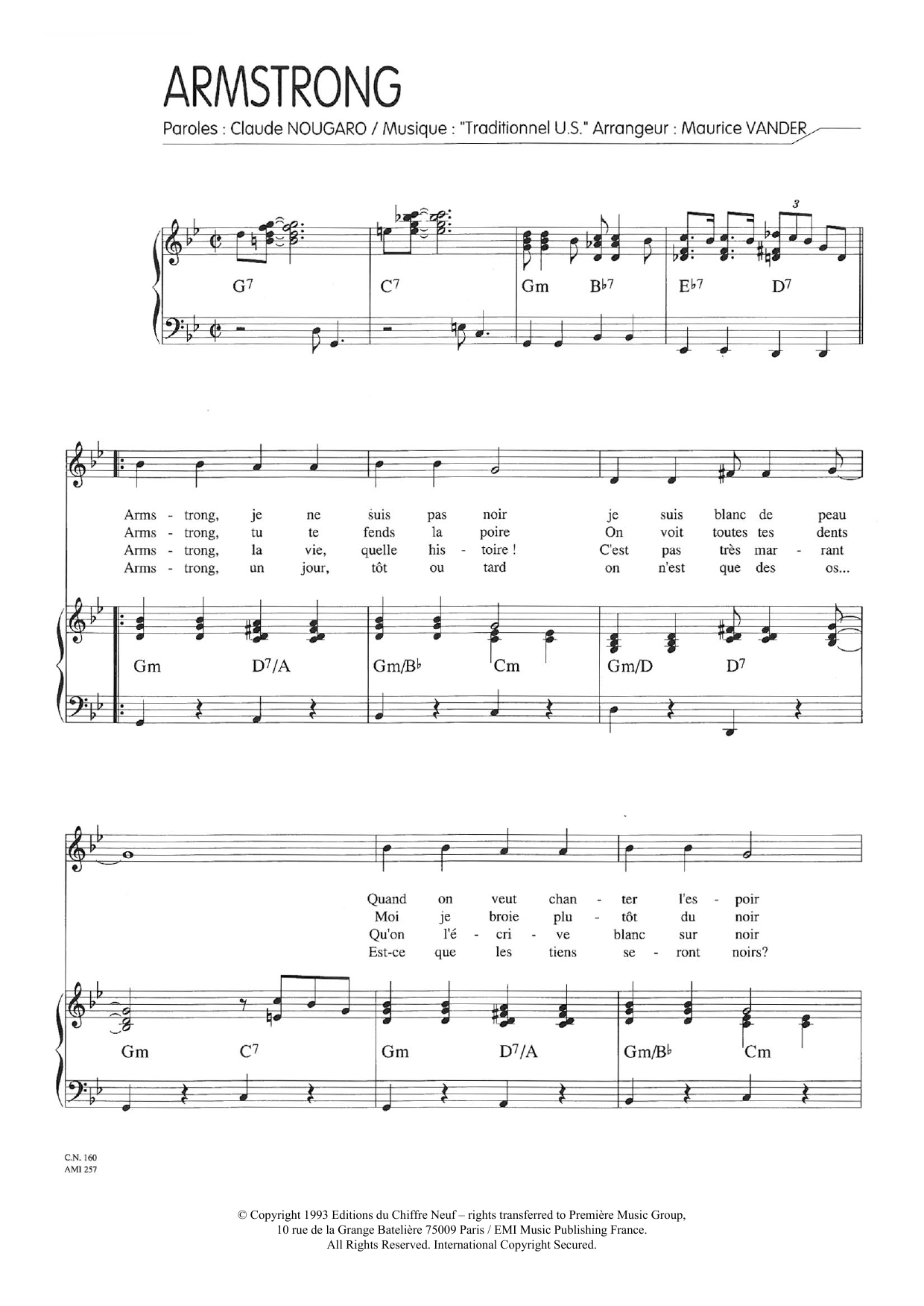 Learn to play Claude Nougaro Armstrong sheet music for Piano & Vocal in minutes. Price: 7.8900$ Claude Nougaro Armstrong sheet music notes and chords arranged for Piano & Vocal