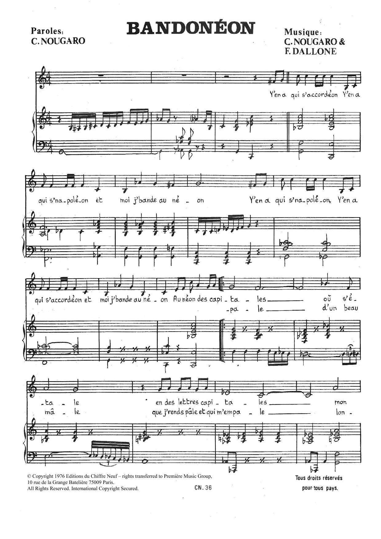 Learn to play Claude Nougaro Bandoneon sheet music for Piano & Vocal in minutes. Price: 7.8900$ Claude Nougaro Bandoneon sheet music notes and chords arranged for Piano & Vocal