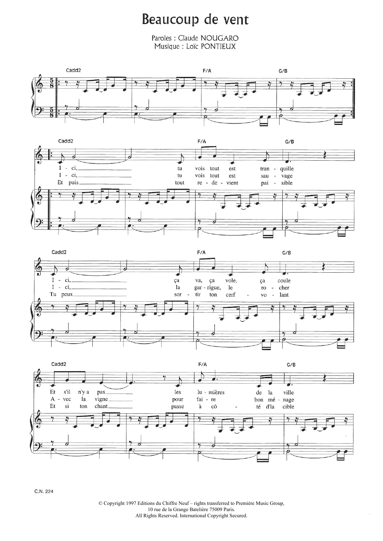 Learn to play Claude Nougaro Beaucoup De Vent sheet music for Piano & Vocal in minutes. Price: 7.8900$ Claude Nougaro Beaucoup De Vent sheet music notes and chords arranged for Piano & Vocal