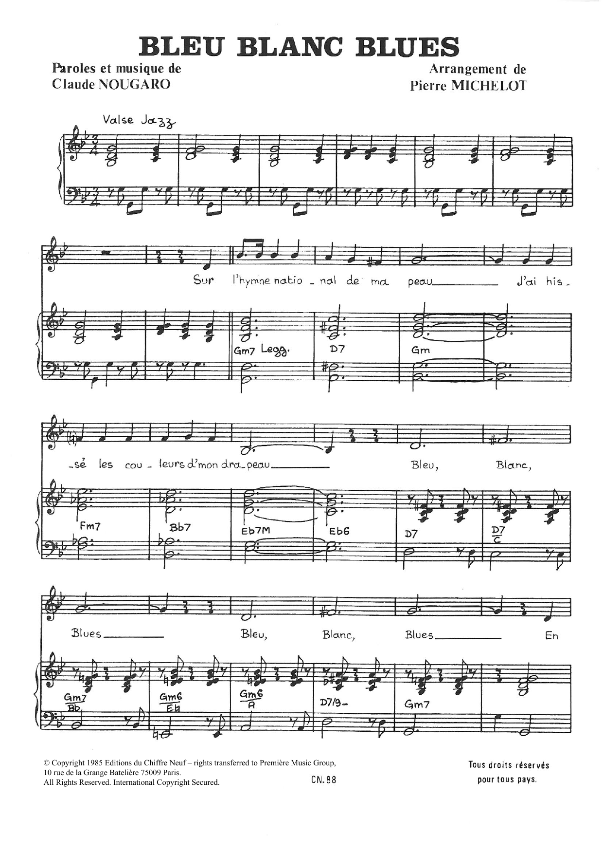 Claude Nougaro Bleu Blanc Blues sheet music notes and chords. Download Printable PDF.