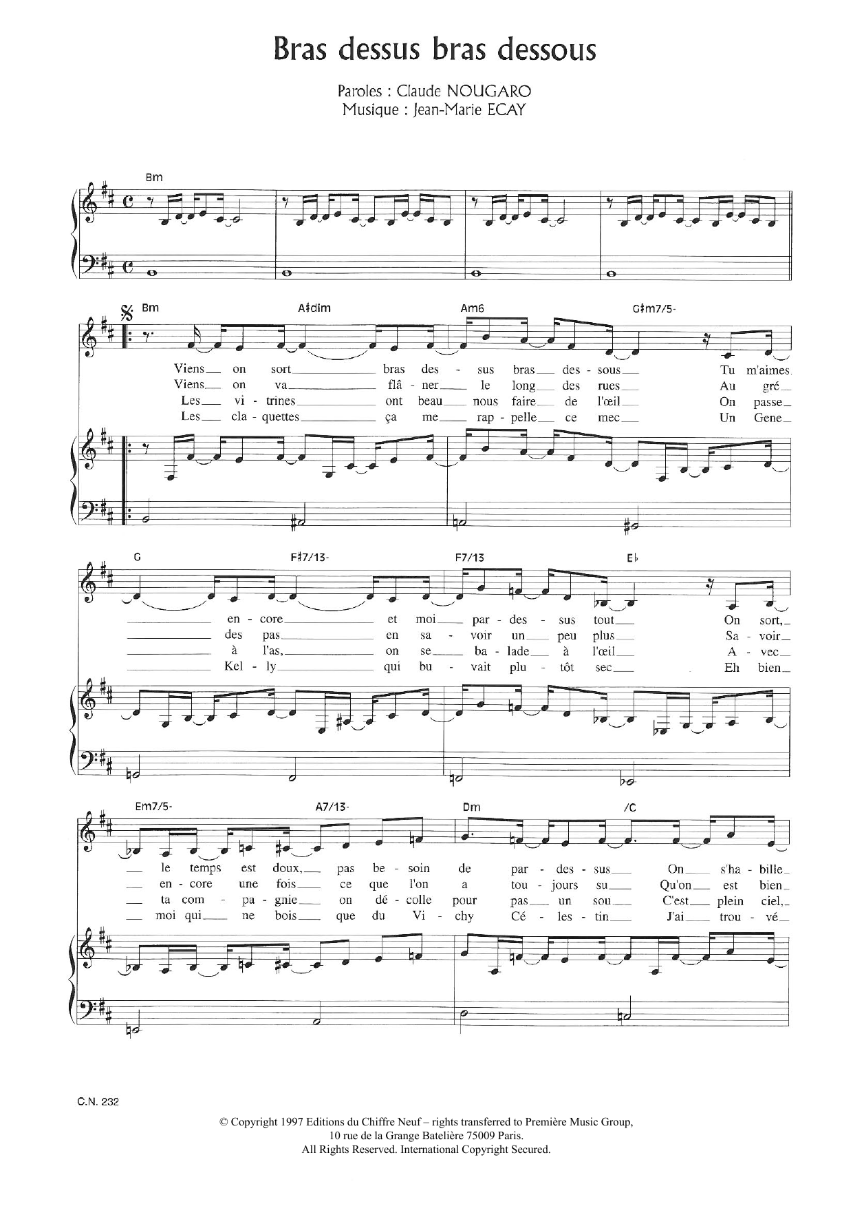 Learn to play Claude Nougaro Bras Dessus Bras Dessous sheet music for Piano & Vocal in minutes. Price: 7.8900$ Claude Nougaro Bras Dessus Bras Dessous sheet music notes and chords arranged for Piano & Vocal
