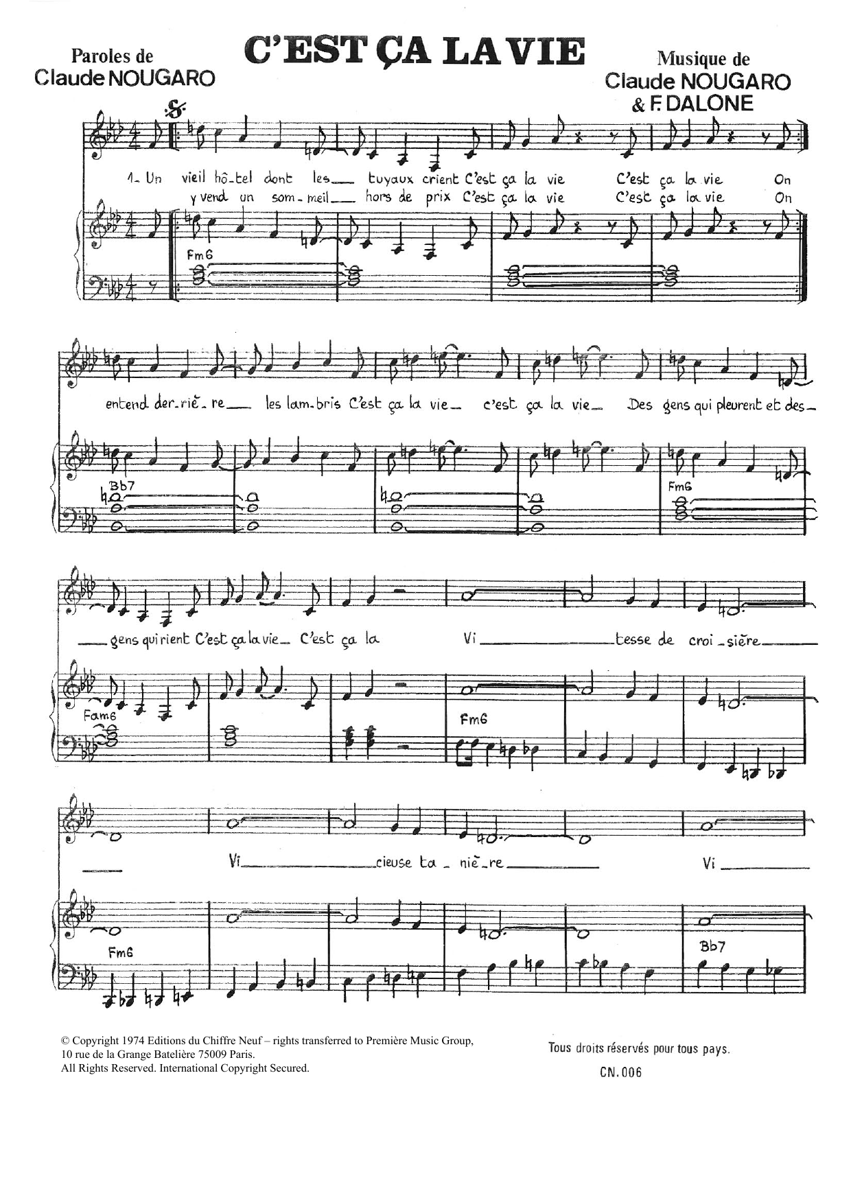 Learn to play Claude Nougaro C'est Ca La Vie sheet music for Piano & Vocal in minutes. Price: 7.8900$ Claude Nougaro C'est Ca La Vie sheet music notes and chords arranged for Piano & Vocal