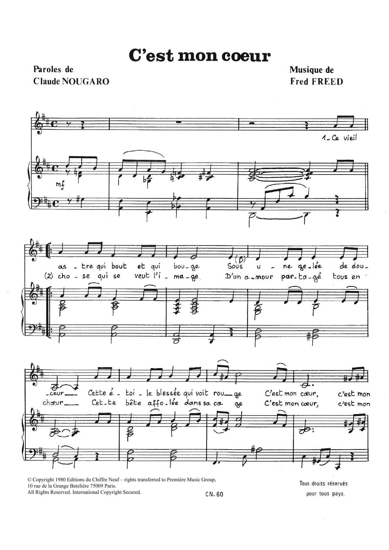 Learn to play Claude Nougaro C'est Mon Coeur sheet music for Piano & Vocal in minutes. Price: 7.8900$ Claude Nougaro C'est Mon Coeur sheet music notes and chords arranged for Piano & Vocal