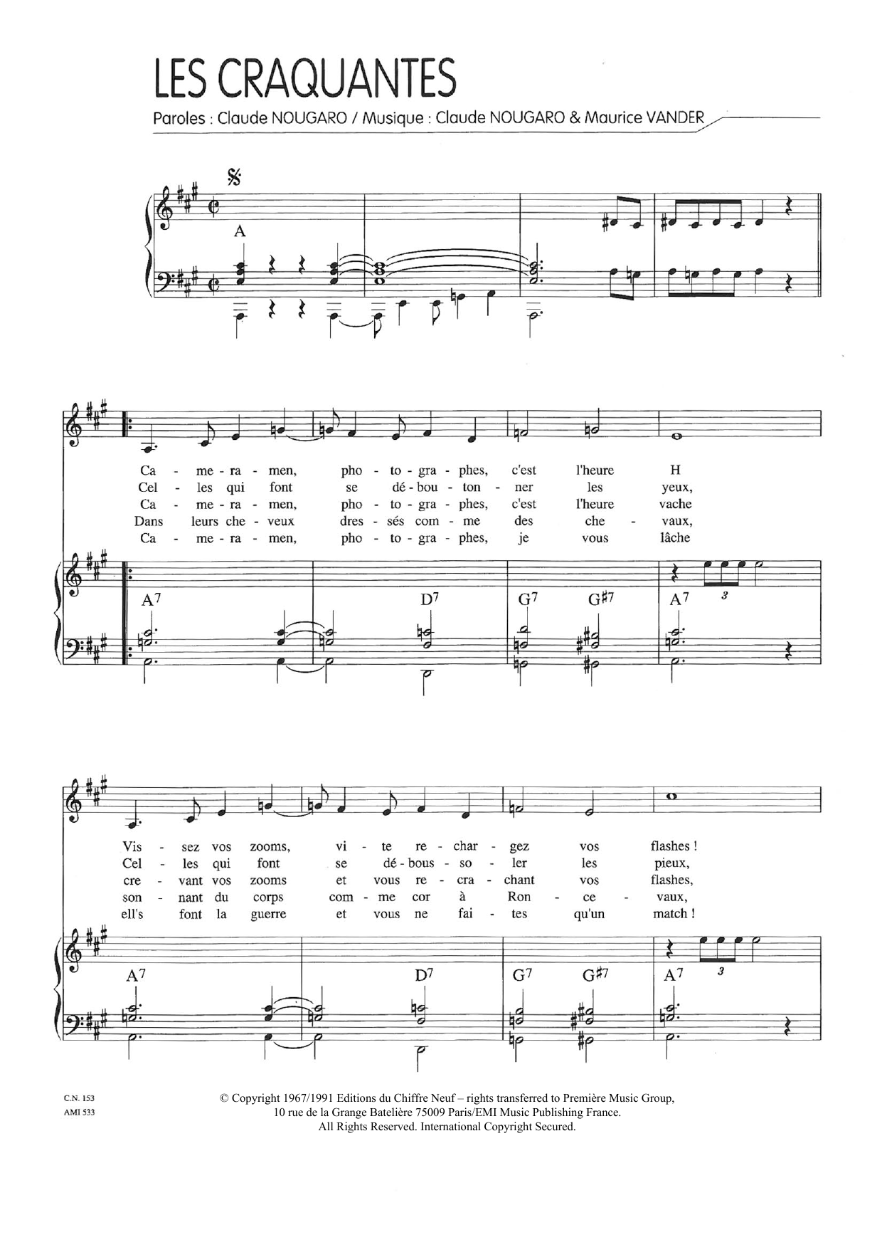 Learn to play Claude Nougaro Craquantes sheet music for Piano & Vocal in minutes. Price: 7.8900$ Claude Nougaro Craquantes sheet music notes and chords arranged for Piano & Vocal