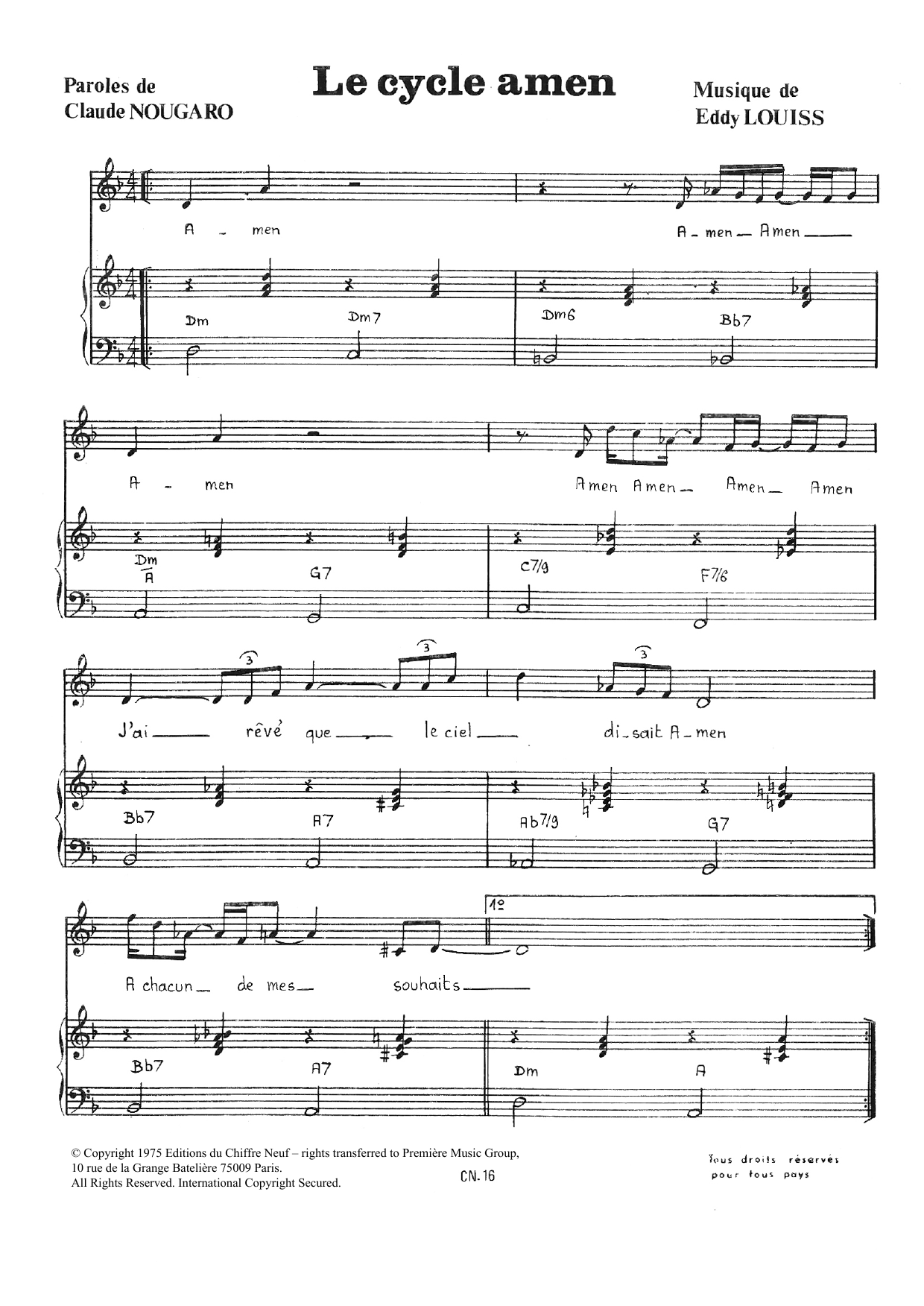 Learn to play Claude Nougaro Cycle Amen sheet music for Piano & Vocal in minutes. Price: 7.8900$ Claude Nougaro Cycle Amen sheet music notes and chords arranged for Piano & Vocal