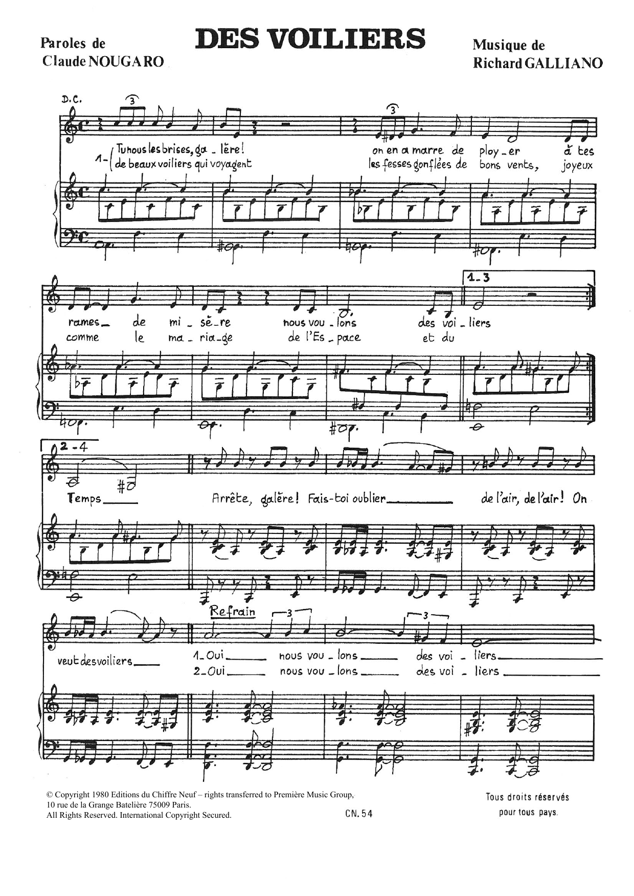 Learn to play Claude Nougaro Des Voiliers sheet music for Piano & Vocal in minutes. Price: 7.8900$ Claude Nougaro Des Voiliers sheet music notes and chords arranged for Piano & Vocal