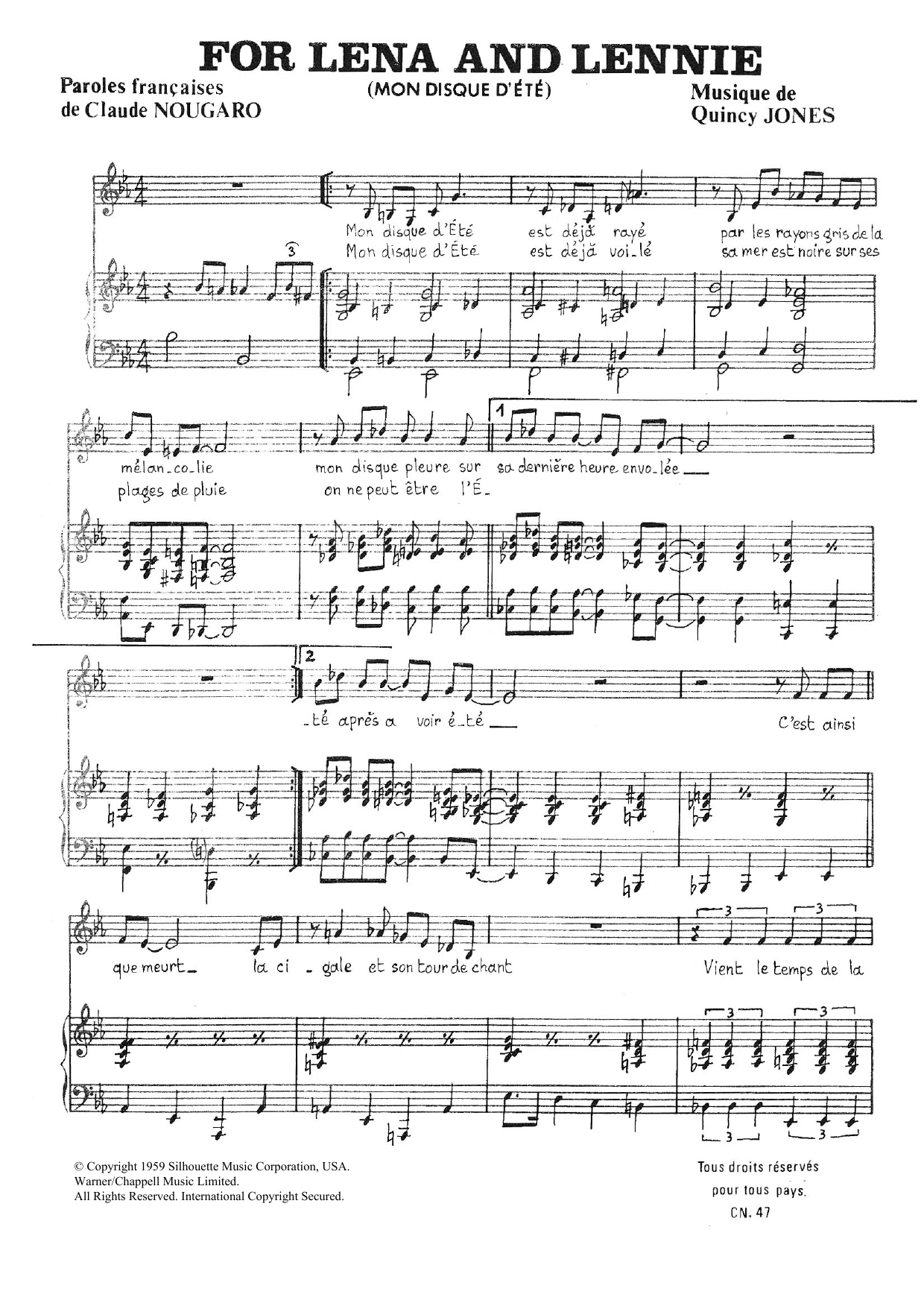 Learn to play Claude Nougaro For Lena And Lennie sheet music for Piano & Vocal in minutes. Price: 7.8900$ Claude Nougaro For Lena And Lennie sheet music notes and chords arranged for Piano & Vocal