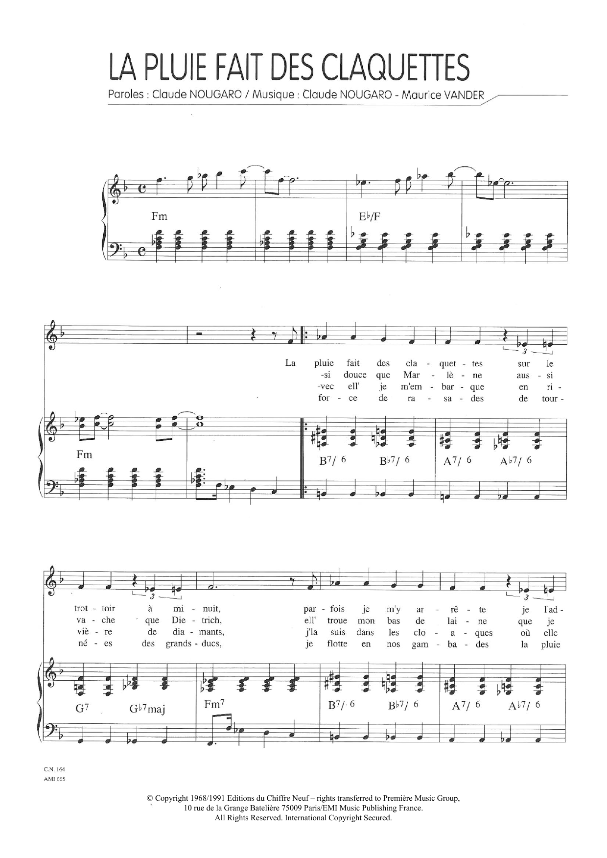 Learn to play Claude Nougaro La Pluie Fait Des Claquettes sheet music for Piano & Vocal in minutes. Price: 7.8900$ Claude Nougaro La Pluie Fait Des Claquettes sheet music notes and chords arranged for Piano & Vocal