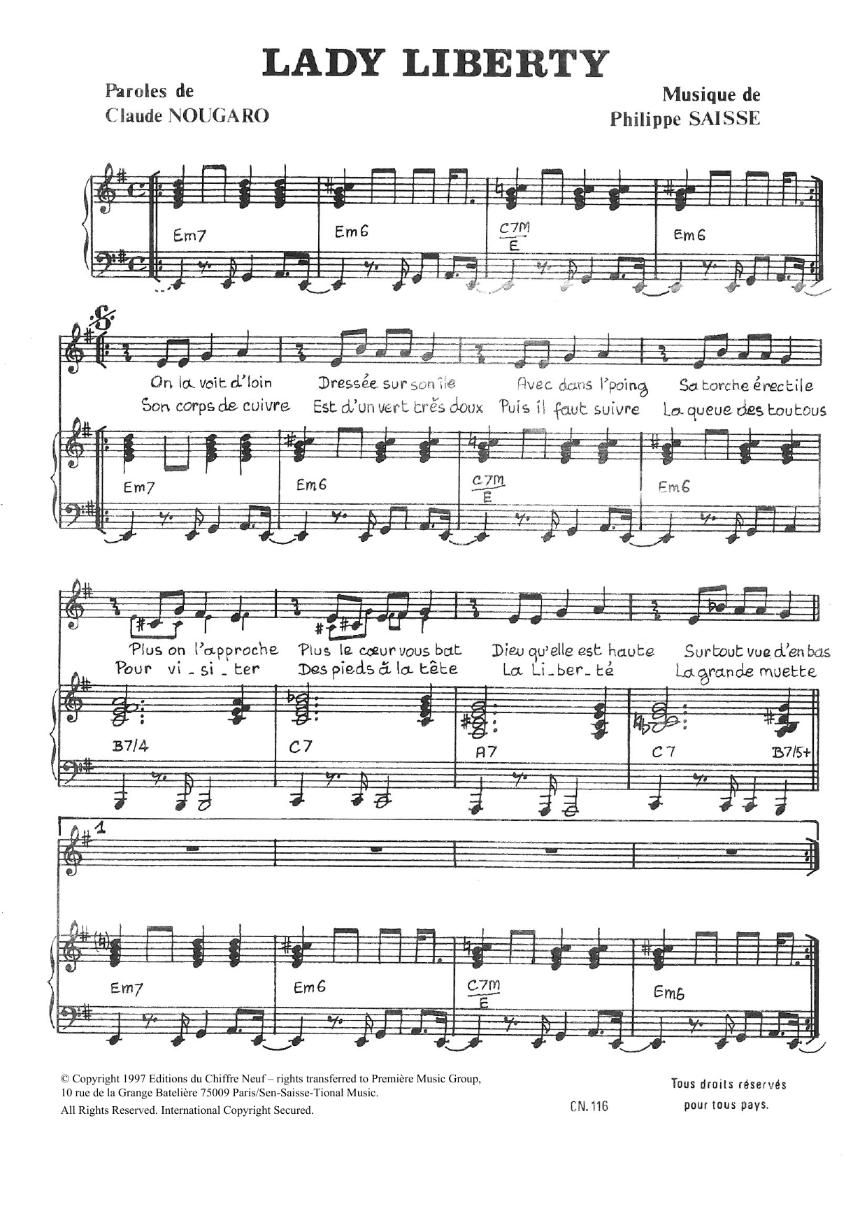Learn to play Claude Nougaro Lady Liberty sheet music for Piano & Vocal in minutes. Price: 7.8900$ Claude Nougaro Lady Liberty sheet music notes and chords arranged for Piano & Vocal