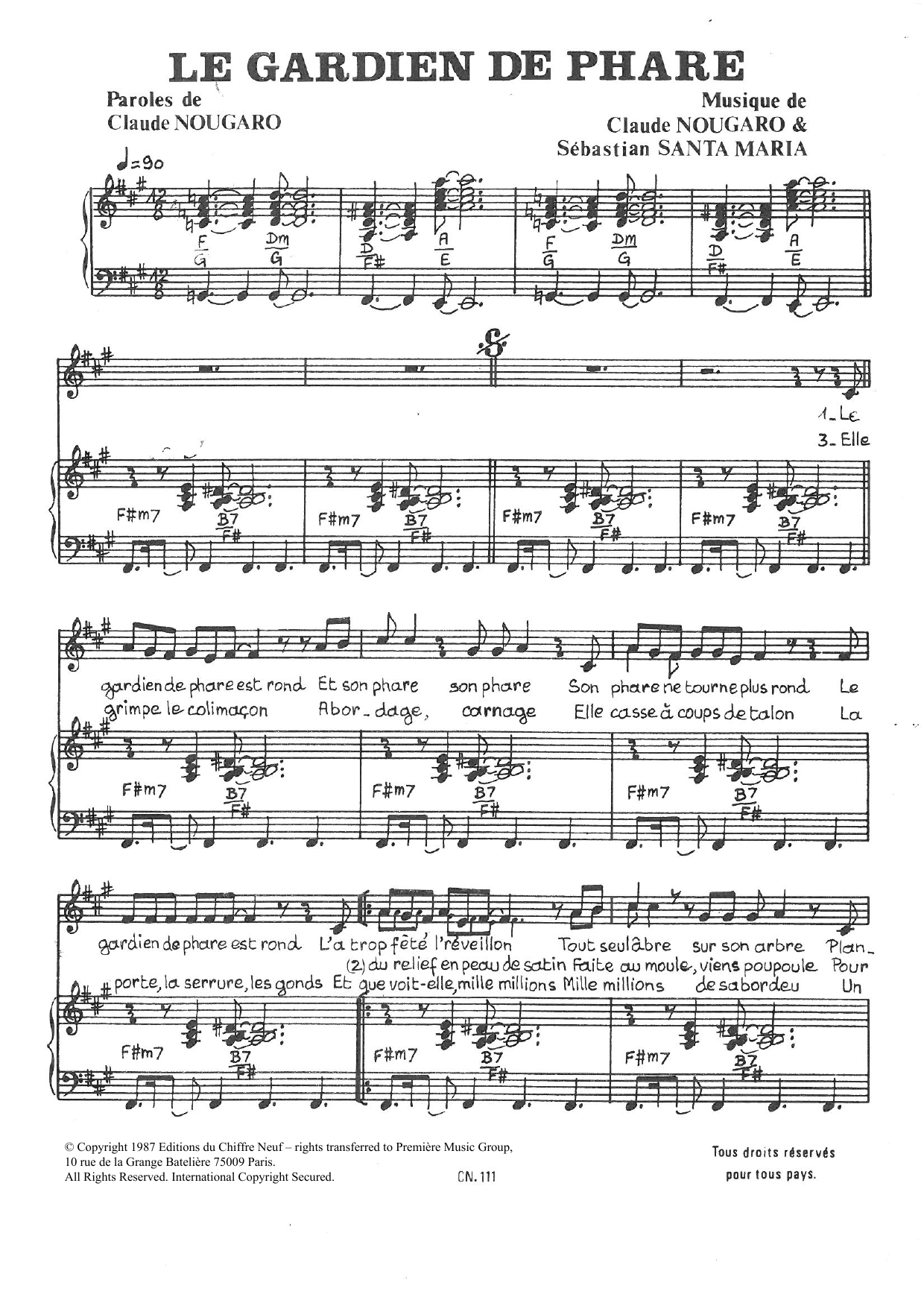 Learn to play Claude Nougaro Le Gardien De Phare sheet music for Piano & Vocal in minutes. Price: 7.8900$ Claude Nougaro Le Gardien De Phare sheet music notes and chords arranged for Piano & Vocal