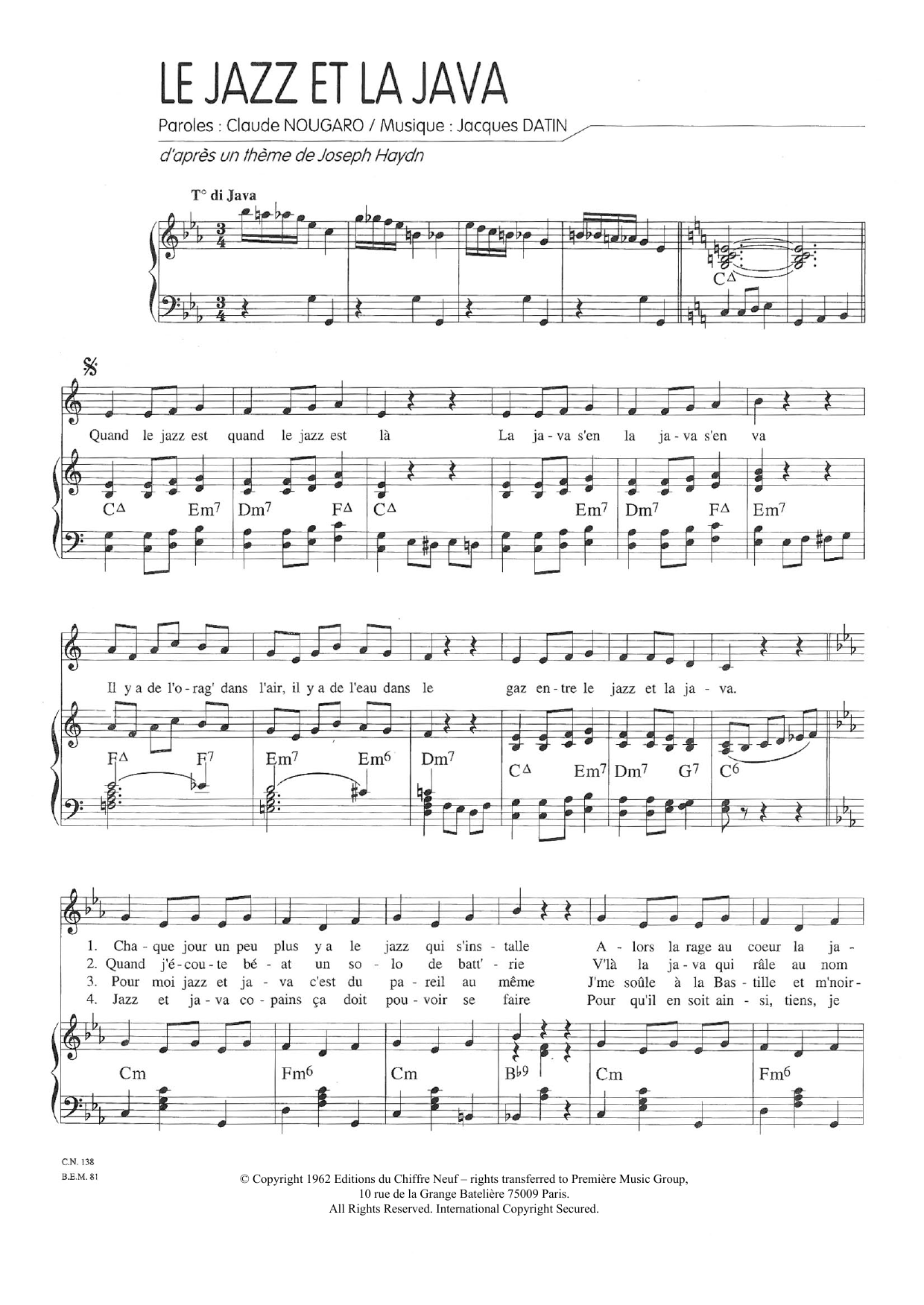 Claude Nougaro Le Jazz Et La Java sheet music notes and chords. Download Printable PDF.