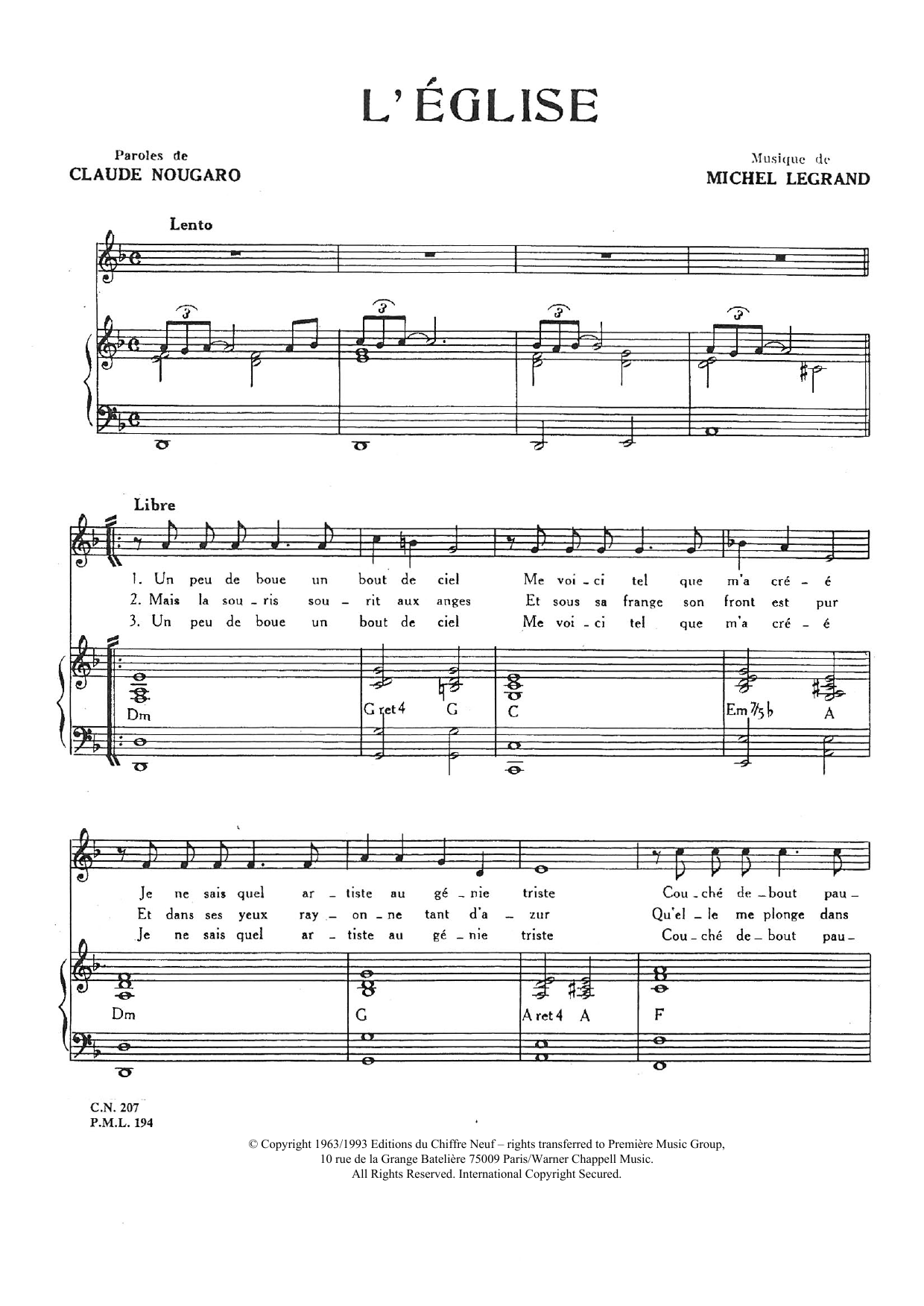 Claude Nougaro L'eglise sheet music notes and chords arranged for Piano & Vocal