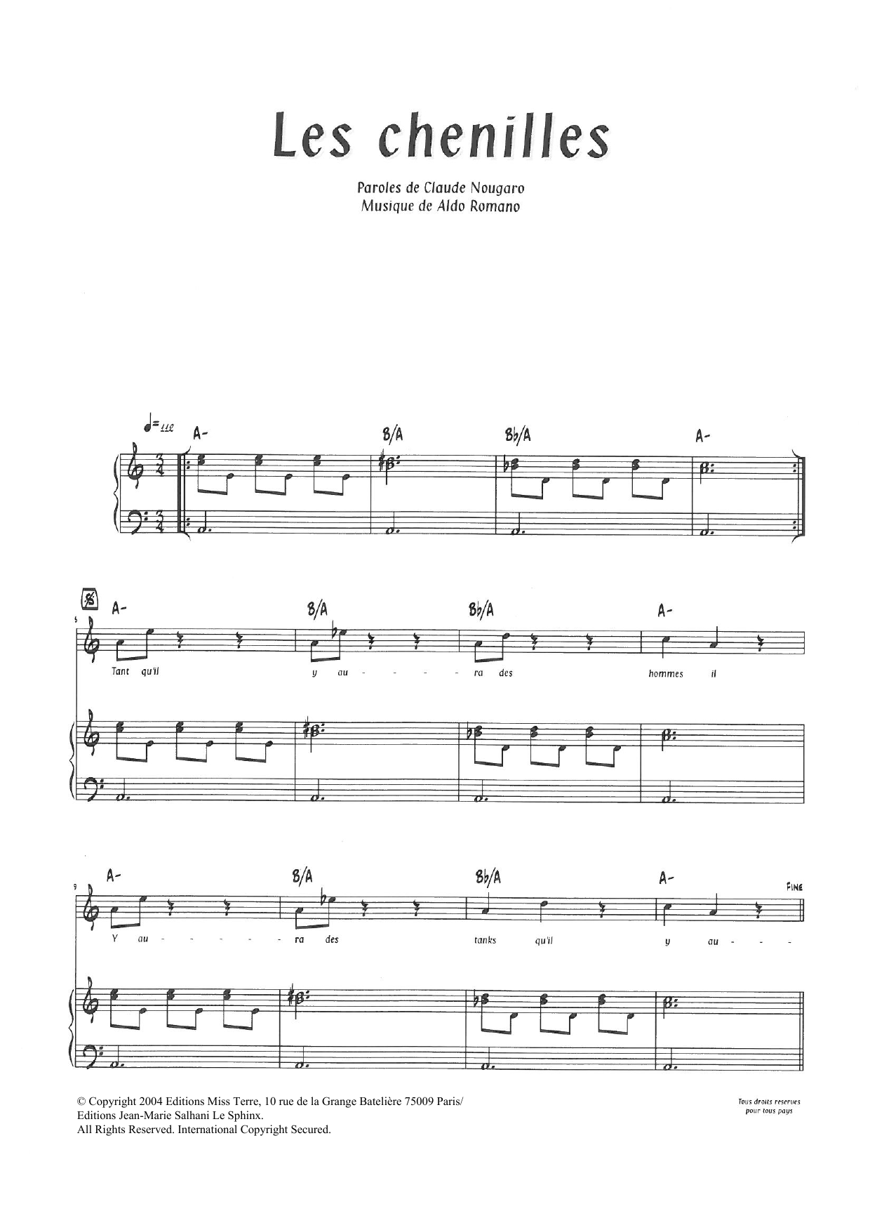 Learn to play Claude Nougaro Les Chenilles sheet music for Piano & Vocal in minutes. Price: 7.8900$ Claude Nougaro Les Chenilles sheet music notes and chords arranged for Piano & Vocal